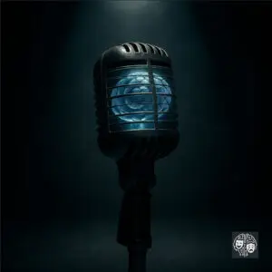 Microfone vintage em um palco escuro, com um cérebro azul brilhante visível dentro de sua grade, representando a inteligência artificial do comediante George IArlin.