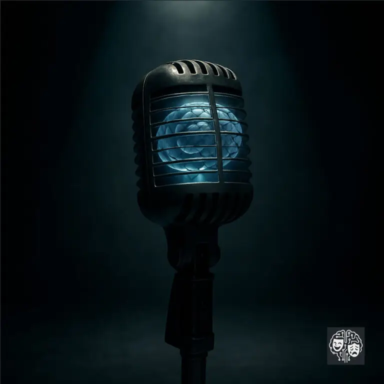 Microfone vintage em um palco escuro, com um cérebro azul brilhante visível dentro de sua grade, representando a inteligência artificial do comediante George IArlin.