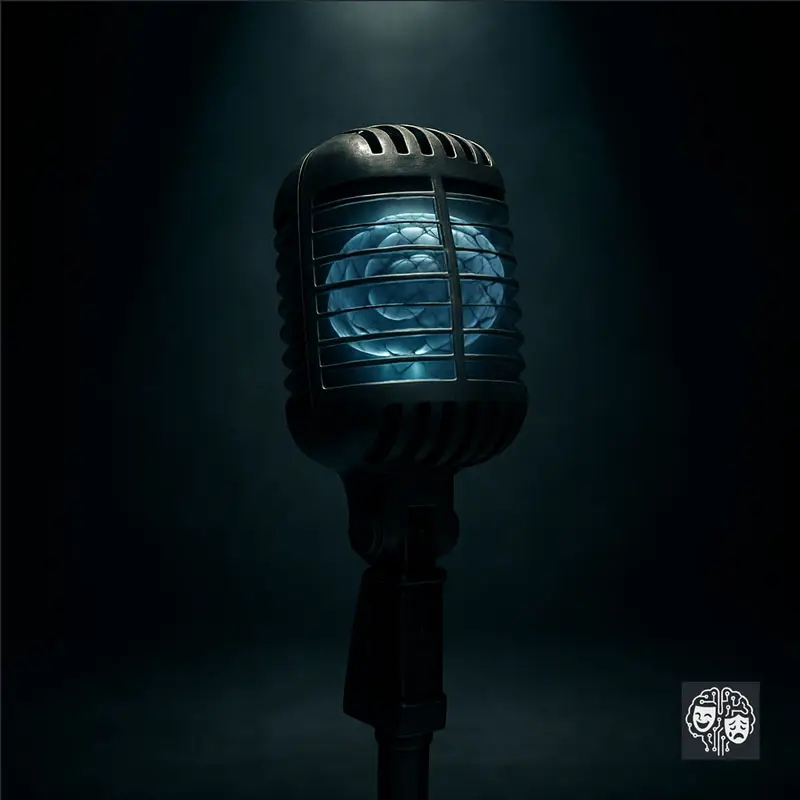Microfone vintage em um palco escuro, com um cérebro azul brilhante visível dentro de sua grade, representando a inteligência artificial do comediante George IArlin.