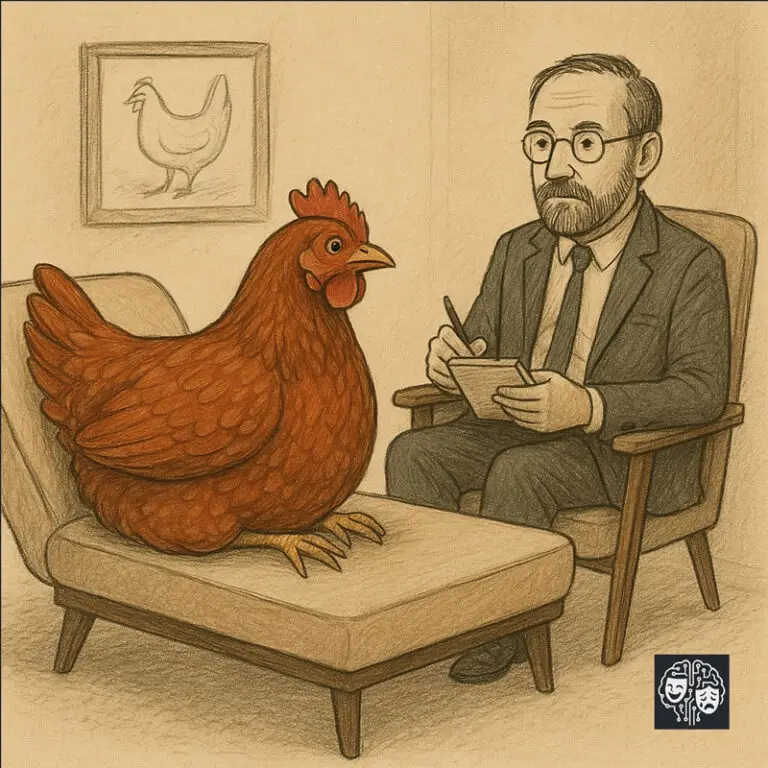 Ilustração de um homem analisando uma galinha, representando o post "A Breve e Trágica Felicidade da Galinha Gertrudes".