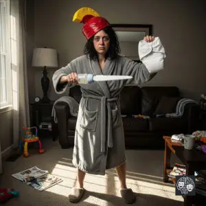 Uma mãe com aparência exausta, vestindo um roupão e um capacete de soldado de brinquedo, posa em uma sala bagunçada. Ela segura uma mamadeira como se fosse uma espada e uma fralda como um escudo, em uma representação satírica do conceito de 'mãe guerreira'.