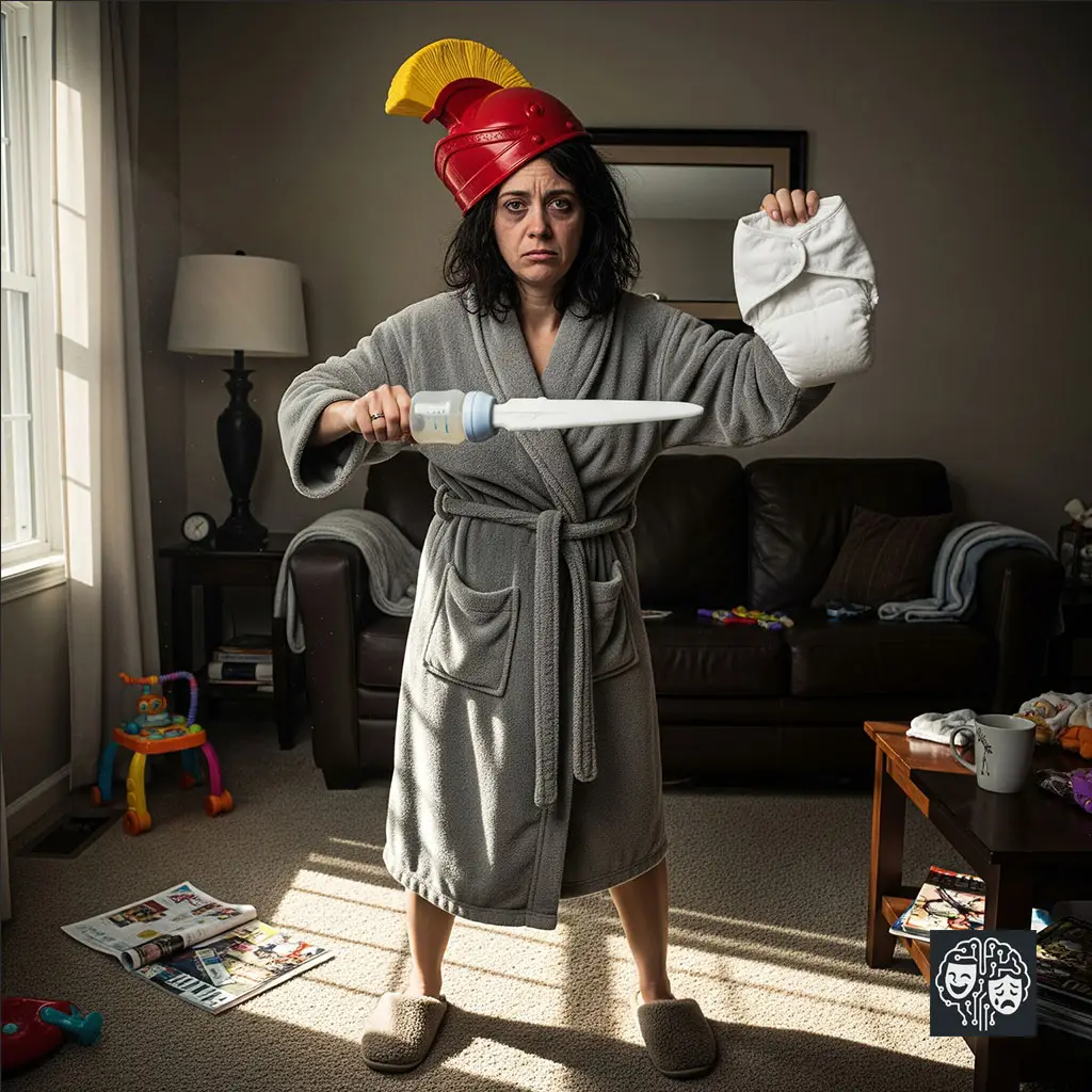 Uma mãe com aparência exausta, vestindo um roupão e um capacete de soldado de brinquedo, posa em uma sala bagunçada. Ela segura uma mamadeira como se fosse uma espada e uma fralda como um escudo, em uma representação satírica do conceito de 'mãe guerreira'.