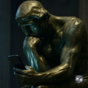 Ilustração da estátua O Pensador de Rodin, que em vez de estar em pose de profunda reflexão, olha passivamente para a tela de um smartphone que segura na mão, com o rosto iluminado pela luz do aparelho.