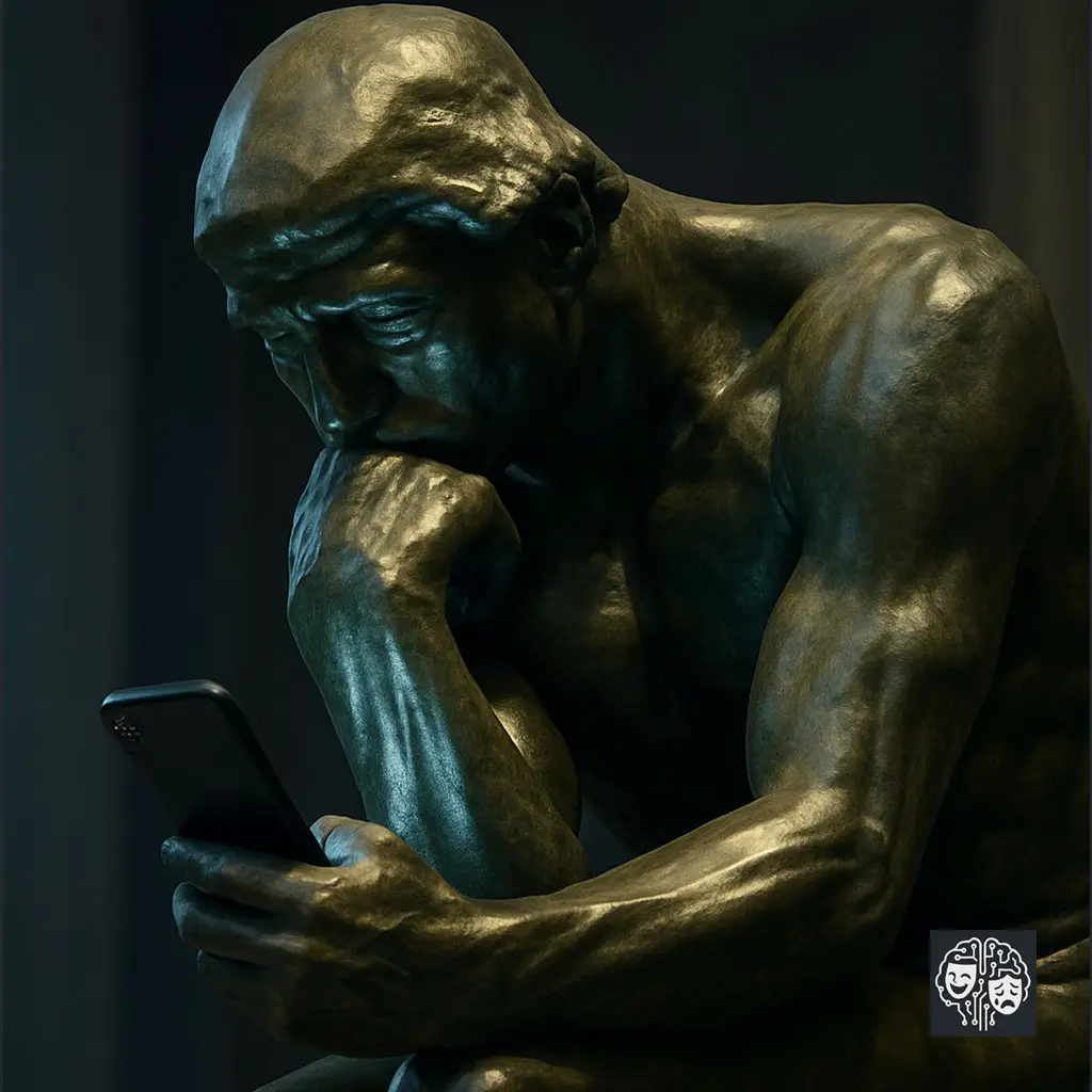 Ilustração da estátua O Pensador de Rodin, que em vez de estar em pose de profunda reflexão, olha passivamente para a tela de um smartphone que segura na mão, com o rosto iluminado pela luz do aparelho.