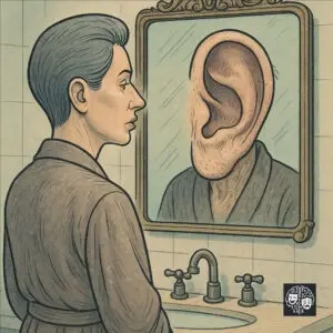 Ilustração em estilo charge de uma pessoa com o rosto artificialmente liso e jovem olhando para um espelho. No reflexo, em vez do rosto, aparece uma única orelha gigante, envelhecida e cheia de detalhes, simbolizando a verdade do envelhecimento em contraste com a busca pela juventude artificial.