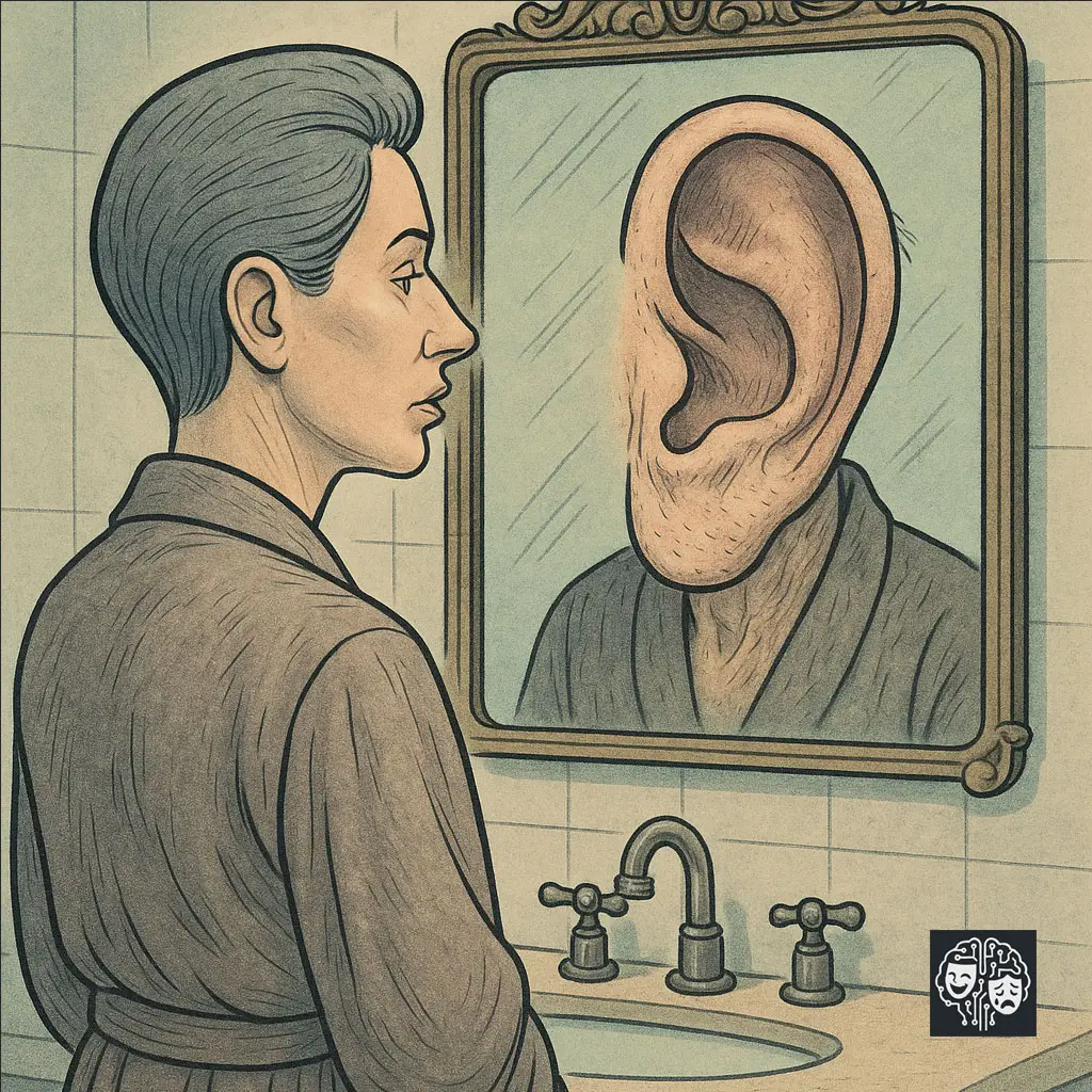 Ilustração em estilo charge de uma pessoa com o rosto artificialmente liso e jovem olhando para um espelho. No reflexo, em vez do rosto, aparece uma única orelha gigante, envelhecida e cheia de detalhes, simbolizando a verdade do envelhecimento em contraste com a busca pela juventude artificial.