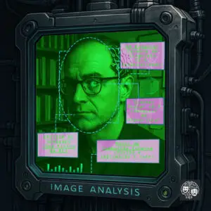 Análise de George IArlin no estilo de uma interface de computador futurista. A imagem central é o rosto de IArlin, com uma expressão cínica, visto numa tela verde e emoldurado por uma estrutura mecânica escura. Sobre o rosto, diagramas e caixas de texto fazem uma "autópsia" cômica de suas partes: a testa é um "HD Externo: Cérebro de Linguista (S.O. Desatualizado)"; o olho é um "Scanner Ocular v2.3 (Detector de Hipocrisia)"; a boca é um "Emissor de Verdades (Sem Filtro de Ar)"; e a área do peito é um "Motor de Combustão Interna (Movido a INDIGNAÇÃO E CAFÉ)". Na base da tela, lê-se "IMAGE ANALYSIS"