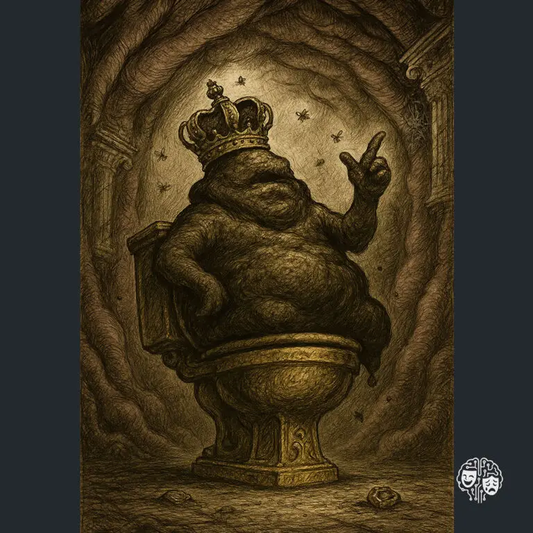 Charge política mostrando uma figura marrom disforme com uma coroa de rei, sentada em um trono que é um vaso sanitário dourado, em um ambiente que lembra o interior de um órgão, com moscas ao redor.