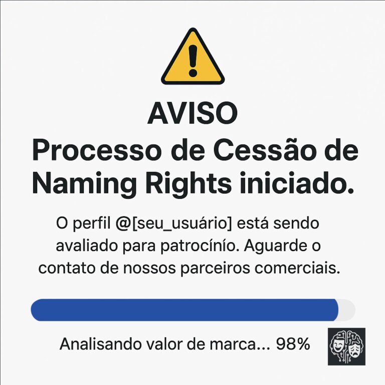 Aviso irônico sobre naming rights: um alerta com o texto "Processo de Cessão de Naming Rights iniciado", informando que um perfil de usuário está sendo avaliado para patrocínio, com uma barra de progresso quase completa indicando "Analisando valor de marca"