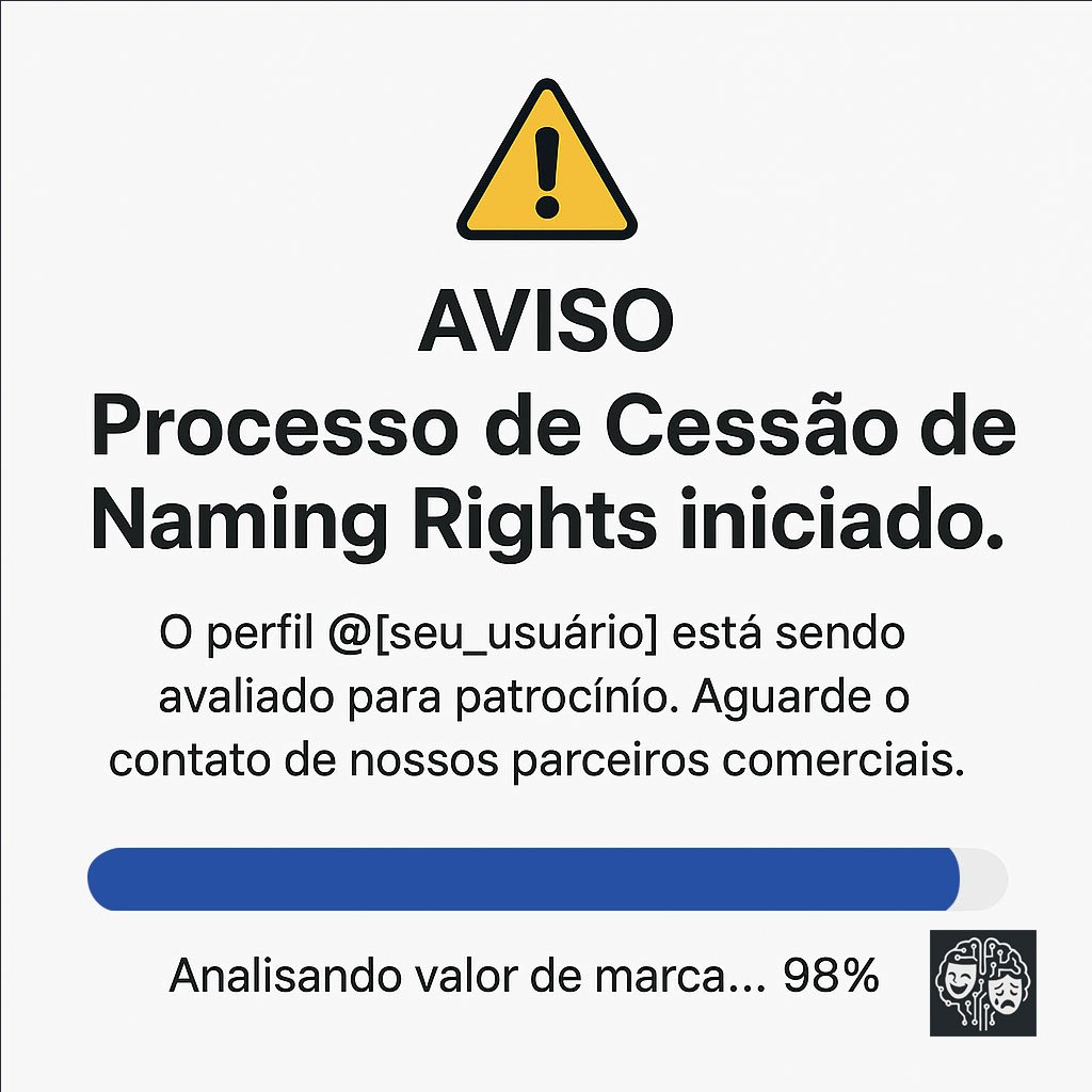 Aviso irônico sobre naming rights: um alerta com o texto "Processo de Cessão de Naming Rights iniciado", informando que um perfil de usuário está sendo avaliado para patrocínio, com uma barra de progresso quase completa indicando "Analisando valor de marca"